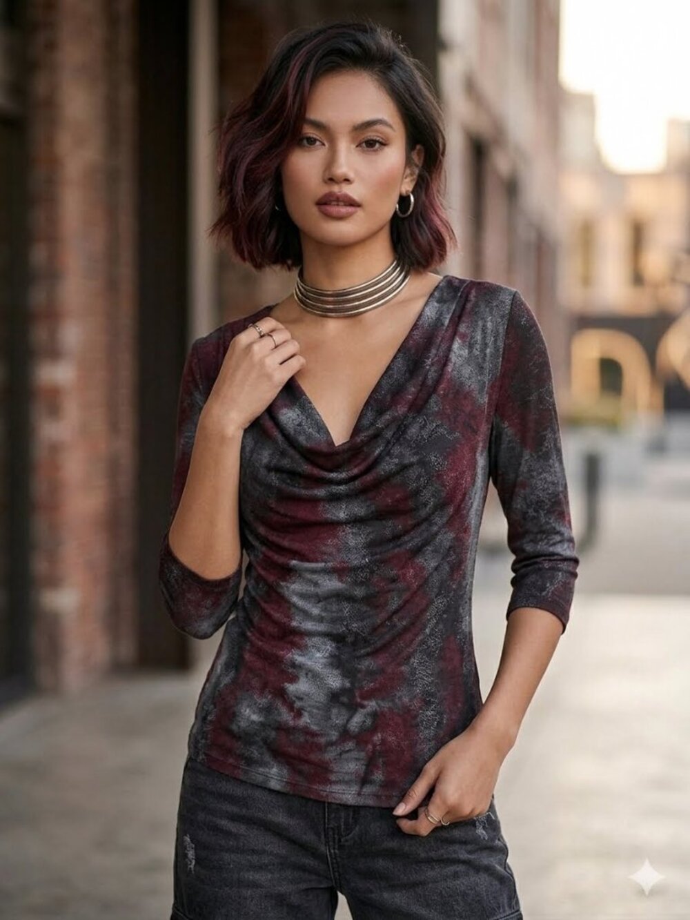 B. Street Burgundy Charcoal tie-dye cowl neck top Shirt 3/4 sleeves Mesh Sheer M - Picture 1 of 12